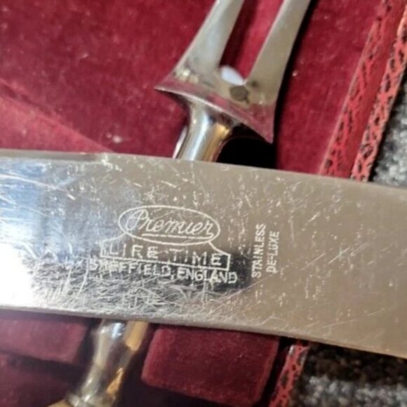 Vintage Sheffield 50's Premier Life Time Antler Handle 3pc Carving Set With Case - Picture 3 of 7